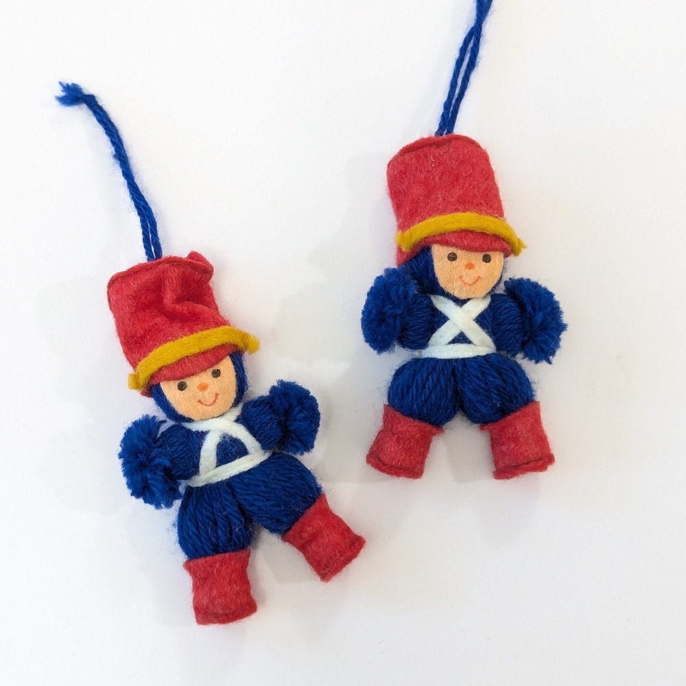 Vintage Soldier Boy Yarn & Felt Christmas Ornament Set 4.5" Hallmark 1970s Blue